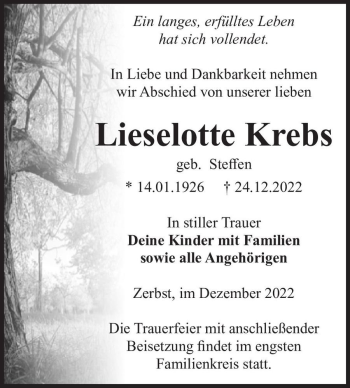 Traueranzeige von Lieselotte Krebs (geb. Steffen)  von Magdeburger Volksstimme