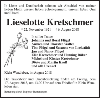 Traueranzeige von Lieselotte Kretschmer  von Magdeburger Volksstimme
