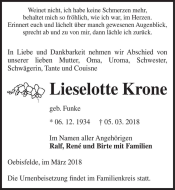 Traueranzeige von Lieselotte Krone (geb. Funke)  von Magdeburger Volksstimme