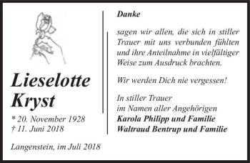Traueranzeige von Lieselotte Kryst  von Magdeburger Volksstimme