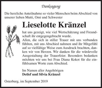 Traueranzeige von Lieselotte Kränzel  von Magdeburger Volksstimme