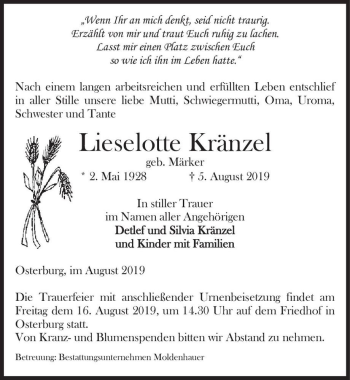 Traueranzeige von Lieselotte Kränzel (geb. Märker)  von Magdeburger Volksstimme