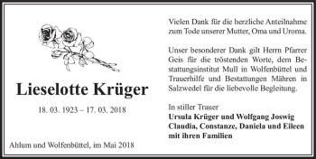 Traueranzeige von Lieselotte Krüger  von Magdeburger Volksstimme
