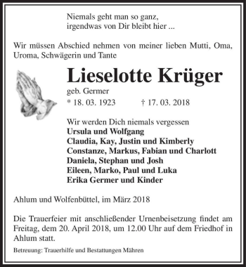 Traueranzeige von Lieselotte Krüger (geb. Germer)  von Magdeburger Volksstimme