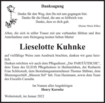 Traueranzeige von Lieselotte Kuhnke  von Magdeburger Volksstimme