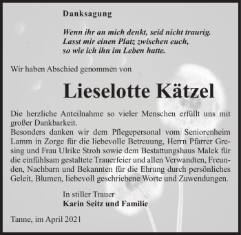 Traueranzeige von Lieselotte Kätzel  von Magdeburger Volksstimme