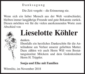Traueranzeige von Lieselotte Köhler  von Magdeburger Volksstimme