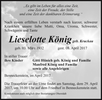 Traueranzeige von Lieselotte König (geb. Kruckau)  von Magdeburger Volksstimme
