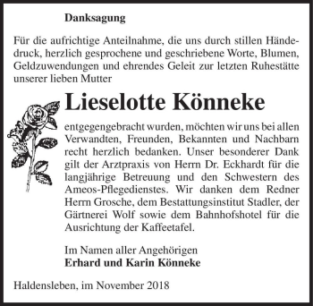 Traueranzeige von Lieselotte Könneke  von Magdeburger Volksstimme