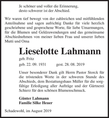 Traueranzeige von Lieselotte Lahmann (geb. Fritz)  von Magdeburger Volksstimme
