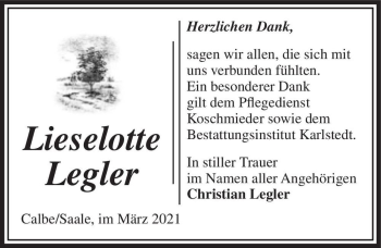 Traueranzeige von Lieselotte Legler  von Magdeburger Volksstimme