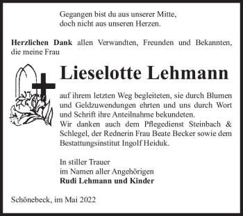 Traueranzeige von Lieselotte Lehmann  von Magdeburger Volksstimme