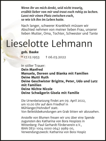 Traueranzeige von Lieselotte Lehmann (geb. Baake)  von Magdeburger Volksstimme