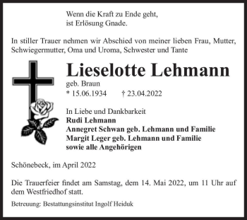 Traueranzeige von Lieselotte Lehmann (geb. Braun)  von Magdeburger Volksstimme