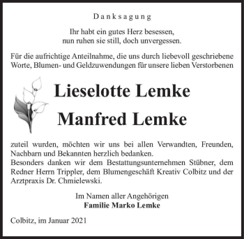 Traueranzeige von Lieselotte Lemke und Manfred Lemke  von Magdeburger Volksstimme
