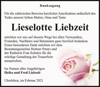 Traueranzeige von Lieselotte Liebzeit  von Magdeburger Volksstimme
