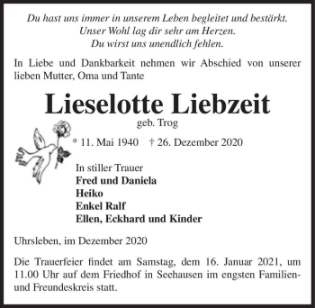 Traueranzeige von Lieselotte Liebzeit (geb. Trog)  von Magdeburger Volksstimme