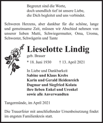 Traueranzeige von Lieselotte Lindig (geb. Brauer)  von Magdeburger Volksstimme