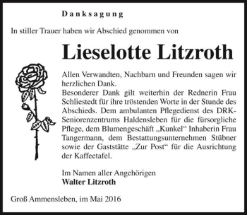 Traueranzeige von Lieselotte Litzroth  von Magdeburger Volksstimme