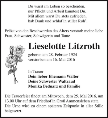 Traueranzeige von Lieselotte Litzroth  von Magdeburger Volksstimme