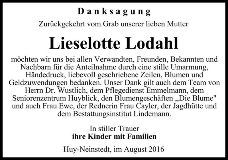  Traueranzeige für Lieselotte Lodahl  vom 03.09.2016 aus Magdeburger Volksstimme