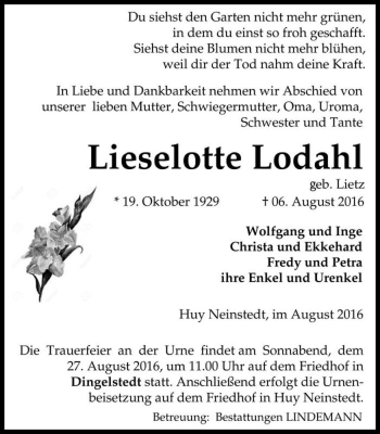 Traueranzeige von Lieselotte Lodahl (geb. Lietz)  von Magdeburger Volksstimme