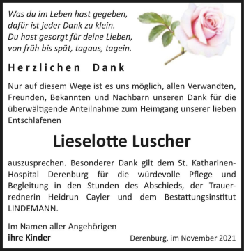 Traueranzeige von Lieselotte Luscher  von Magdeburger Volksstimme