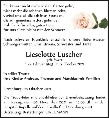 Traueranzeige von Lieselotte Luscher (geb. Ewert)  von Magdeburger Volksstimme