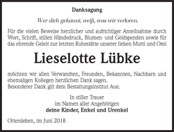 Traueranzeige von Lieselotte Lübke  von Magdeburger Volksstimme