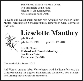 Traueranzeige von Lieselotte Manthey (geb. Besecke)  von Magdeburger Volksstimme