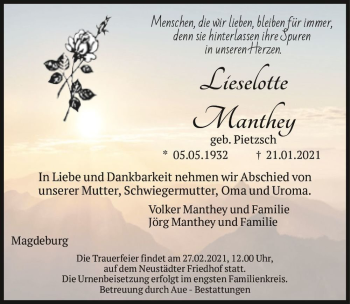 Traueranzeige von Lieselotte Manthey (geb. Pietzsch)  von Magdeburger Volksstimme