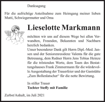 Traueranzeige von Lieselotte Markmann  von Magdeburger Volksstimme