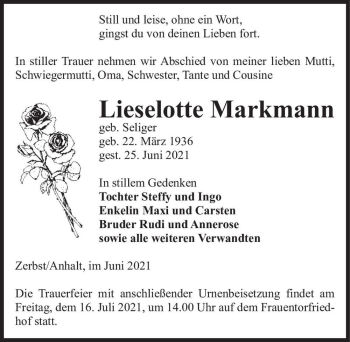 Traueranzeige von Lieselotte Markmann (geb. Seliger)  von Magdeburger Volksstimme