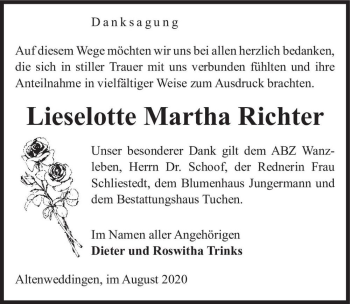 Traueranzeige von Lieselotte Martha Richter  von Magdeburger Volksstimme