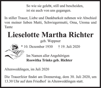 Traueranzeige von Lieselotte Martha Richter (geb. Weppner)  von Magdeburger Volksstimme