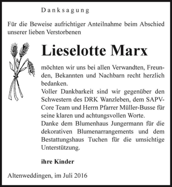 Traueranzeige von Lieselotte Marx  von Magdeburger Volksstimme