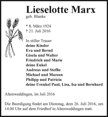 Traueranzeige von Lieselotte Marx (geb. Blanke)  von Magdeburger Volksstimme