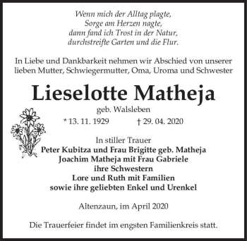 Traueranzeige von Lieselotte Matheja (geb. Walsleben)  von Magdeburger Volksstimme