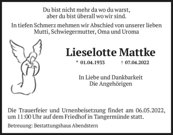 Traueranzeige von Lieselotte Mattke  von Magdeburger Volksstimme