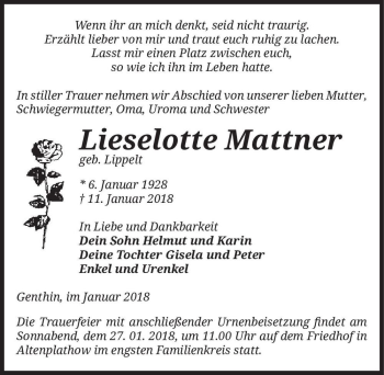 Traueranzeige von Lieselotte Mattner (geb. Lippelt)  von Magdeburger Volksstimme