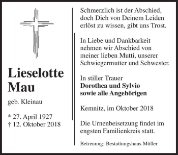 Traueranzeige von Lieselotte Mau (geb. Kleinau)  von Magdeburger Volksstimme