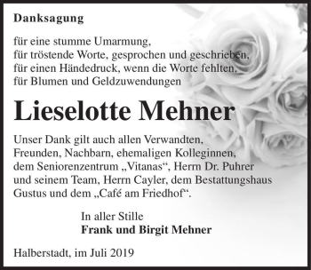 Traueranzeige von Lieselotte Mehner  von Magdeburger Volksstimme