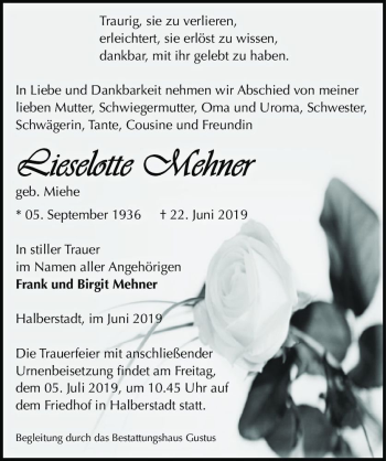 Traueranzeige von Lieselotte Mehner (geb. Miehe)  von Magdeburger Volksstimme