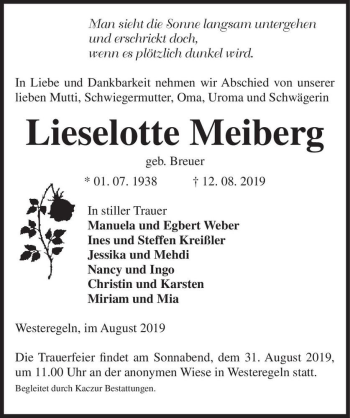Traueranzeige von Lieselotte Meiberg (geb. Breuer)  von Magdeburger Volksstimme