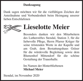 Traueranzeige von Lieselotte Meier  von Magdeburger Volksstimme
