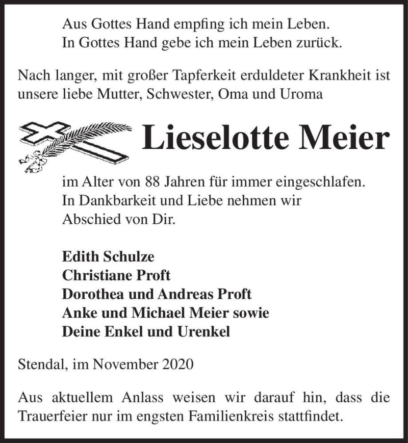  Traueranzeige für Lieselotte Meier  vom 14.11.2020 aus Magdeburger Volksstimme