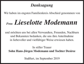 Traueranzeige von Lieselotte Modemann  von Magdeburger Volksstimme