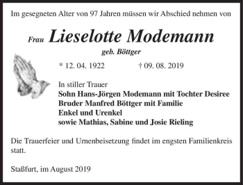 Traueranzeige von Lieselotte Modemann (geb. Böttger)  von Magdeburger Volksstimme