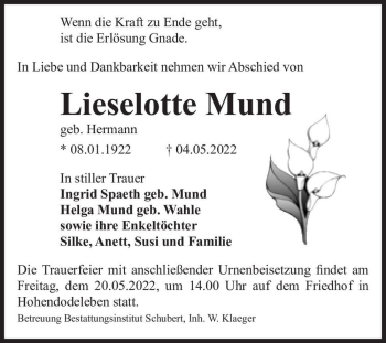 Traueranzeige von Lieselotte Mund (geb. Hermann)  von Magdeburger Volksstimme