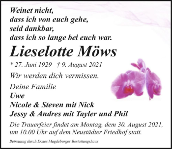 Traueranzeige von Lieselotte Möws  von Magdeburger Volksstimme